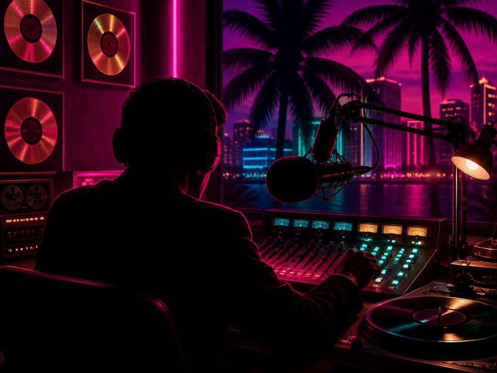 Illustration eines Radiostudios im Vice-City-Stil