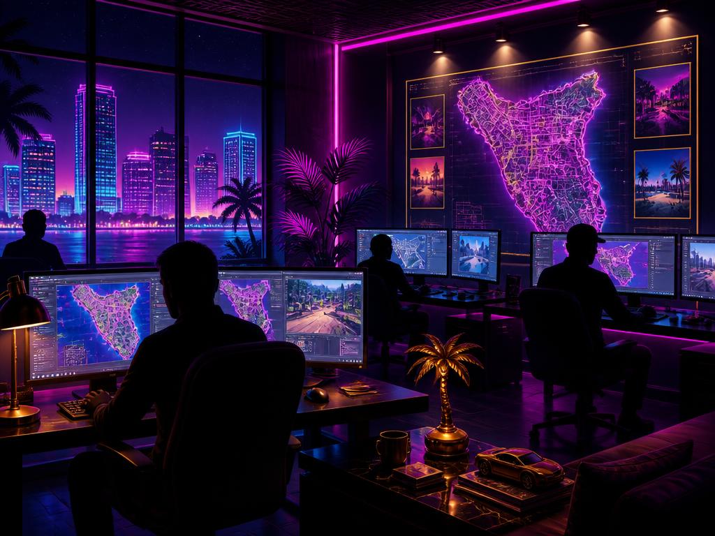 Illustration eines Entwicklerstudios bei Nacht