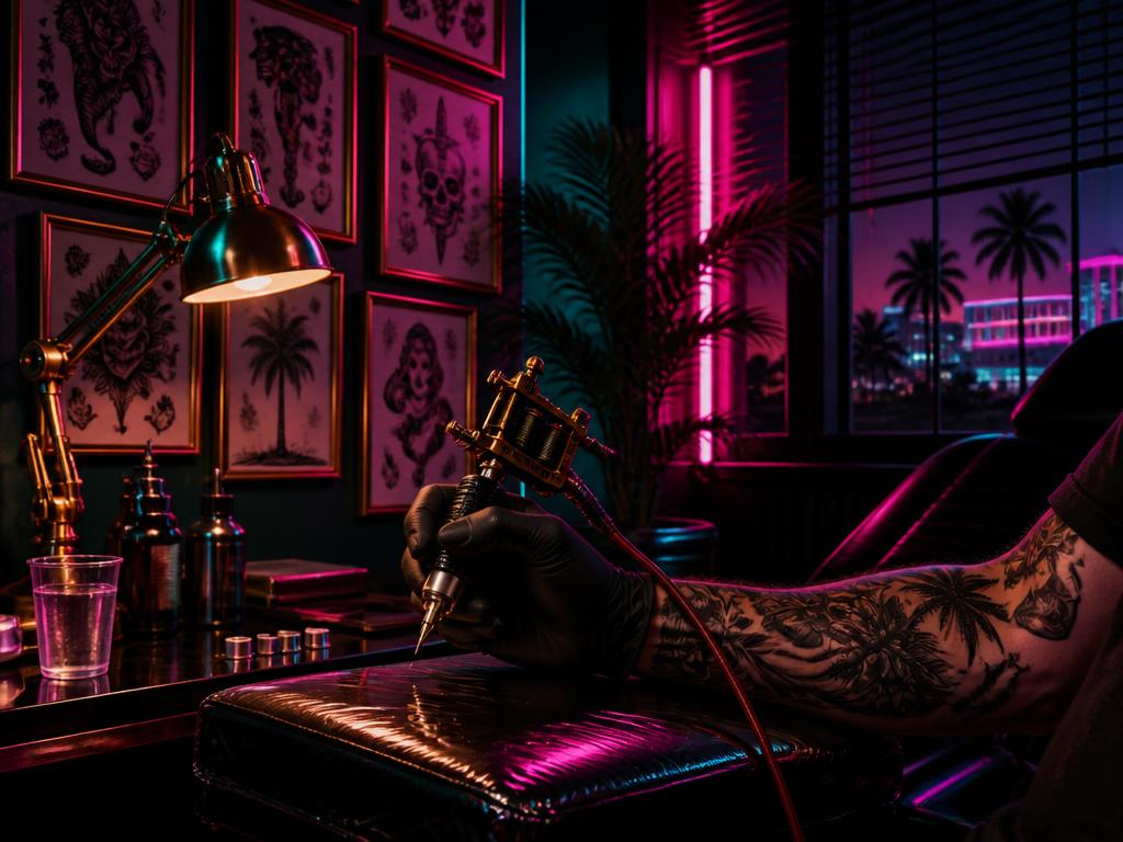 Illustration eines Tattoo-Studios im Neonlicht